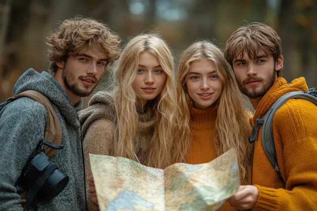 Four friends huddle over a map outdoors, winter sweaters and backpacks visible