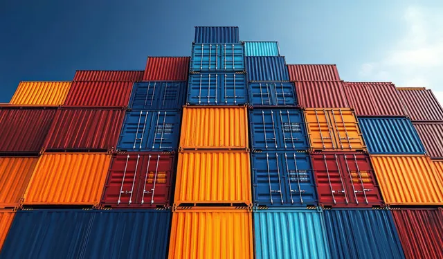 Multicolored shipping containers stacked in a pyramid formation in an outdoor yard beneath a clear blue sky.