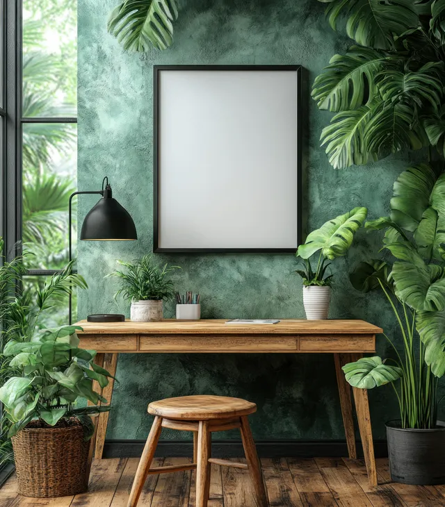 Blank picture frame on a wooden desk beside a black lamp surrounded by potted green plants in a bright room.