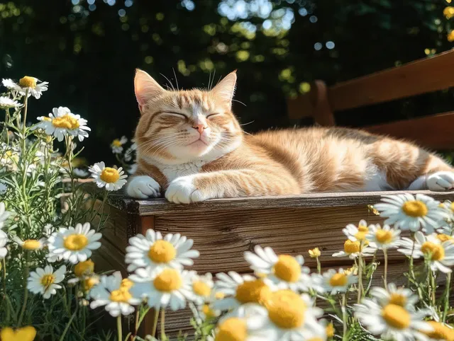 An orange tabby cat rests on a wooden ledge surrounded by white daisies with yellow centers in sunny garden light.