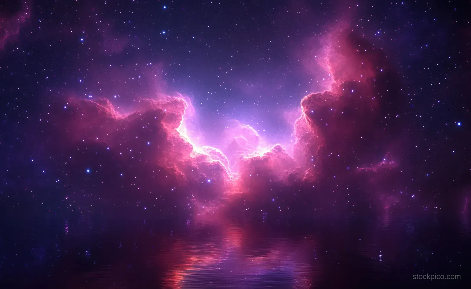 A violet cosmic nebula with glowing gas clouds and scattered stars across a dark space background.