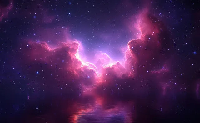 Violet cosmic nebula glowing with stars and drifting gas clouds over dark space