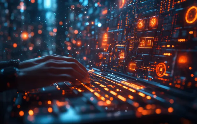 A hand gestures toward a secure document dashboard filled with encrypted file icons and access indicators.