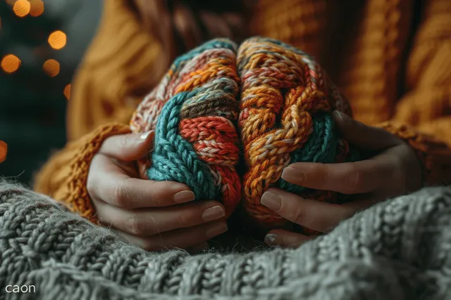 Hands hold a multicolored knitted brain shape on a table.