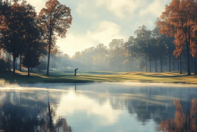 Golfer setting stance for a tee shot with driver beside sand bunker on course