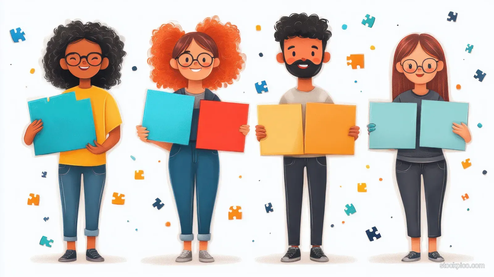 Diverse cartoon coworkers hold colorful puzzle pieces together with scattered puzzle fragments in the background.