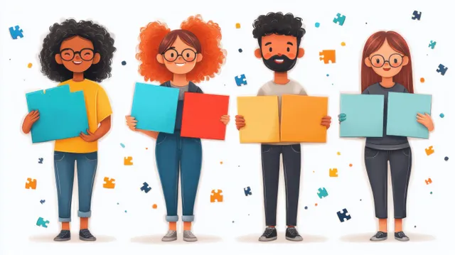 Cartoon coworkers collaborating and holding colorful puzzle pieces during a group discussion
