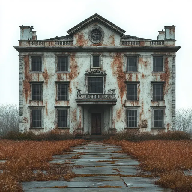 An abandoned manor house with rust-stained white walls and tall windows, behind a cracked stone path and dry grass.