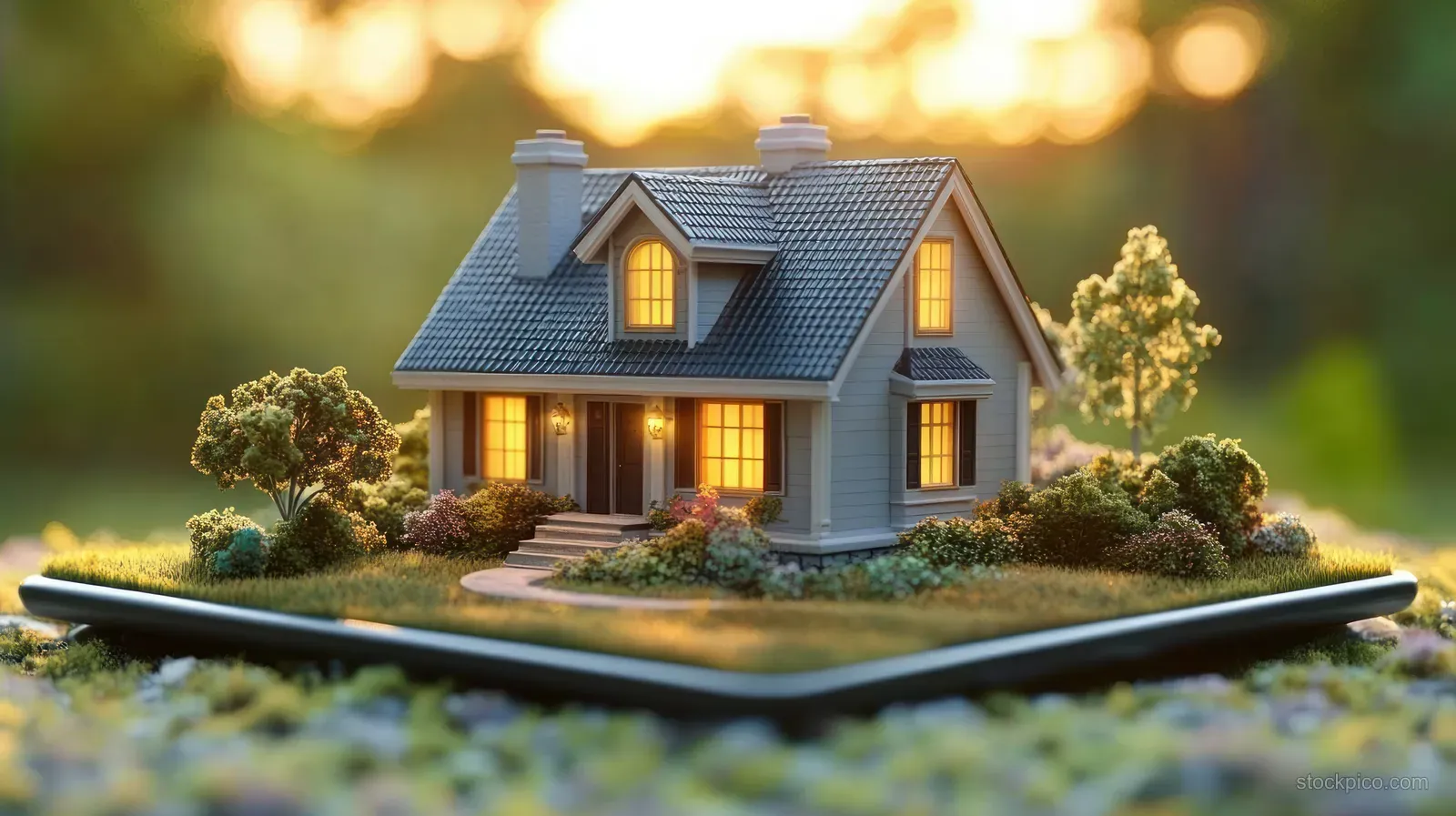 A glowing miniature house model on an open book surrounded by tiny trees and shrubs.