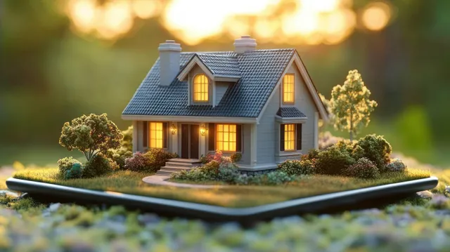 A glowing miniature house model on an open book surrounded by tiny trees and shrubs.
