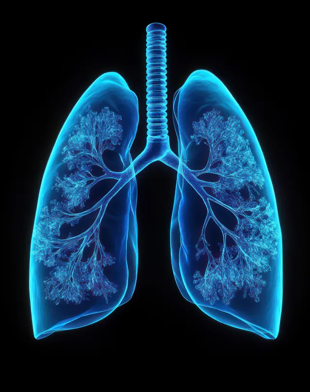 Glowing blue human lungs with the trachea and bronchial branches on a black background.