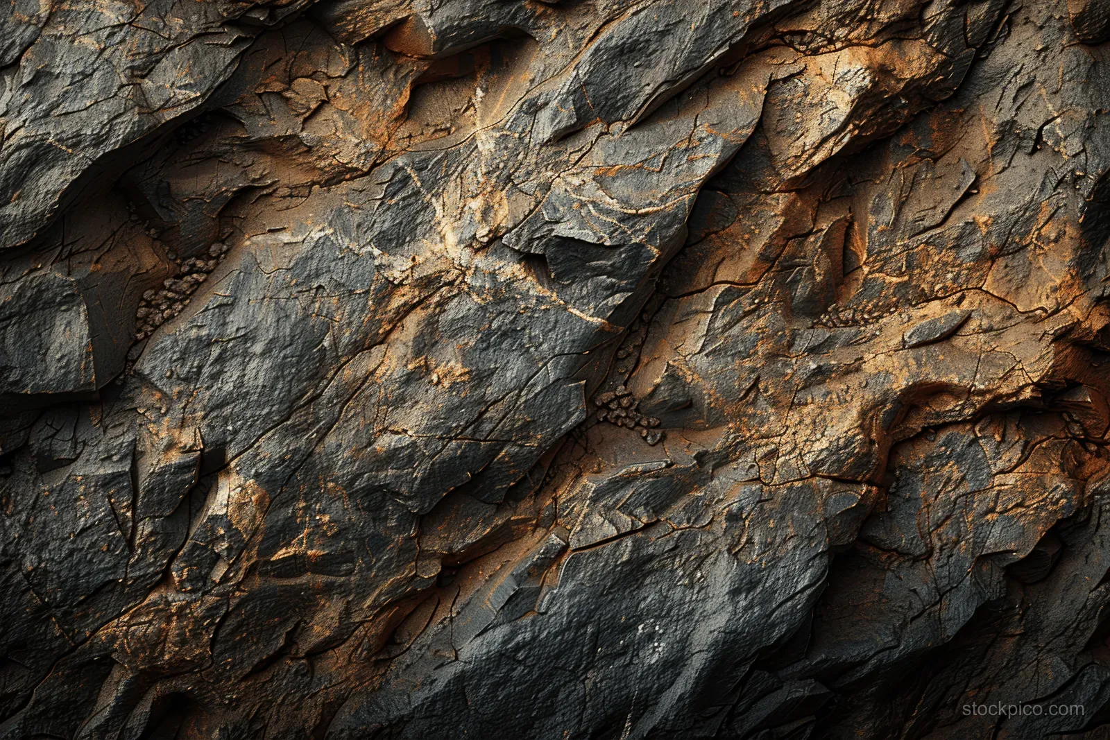 Close-up of a cracked rough rock wall with dark gray surfaces and amber mineral streaks.