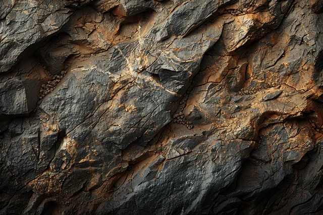 Close-up of a cracked rough rock wall with dark gray surfaces and amber mineral streaks.