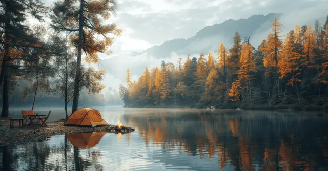 Campfire glows beside a tent and wooden chairs at a calm autumn lake with misty forest and mountains behind.
