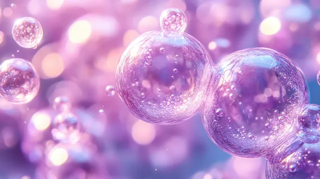 Translucent violet bubbles float over a soft pastel skincare light background with glowing highlights.