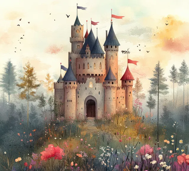 A fairytale castle with waving flags sits in a flower-filled forest under a soft watercolor sky haze.