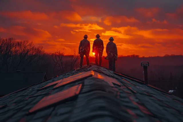 Three helmeted workers stand on a rooftop at sunset, silhouetted against a fiery orange-red sky.