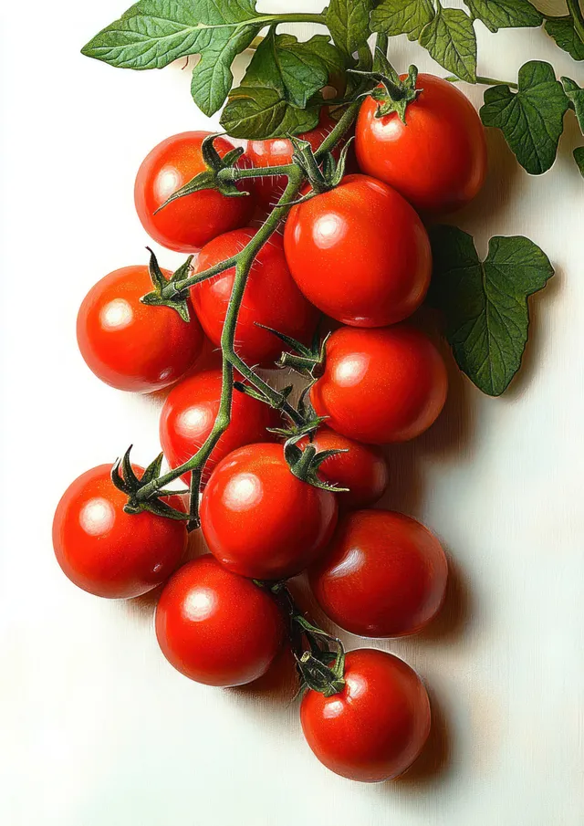 Cluster of ripe red tomatoes on green vine with leaves against a clean white background