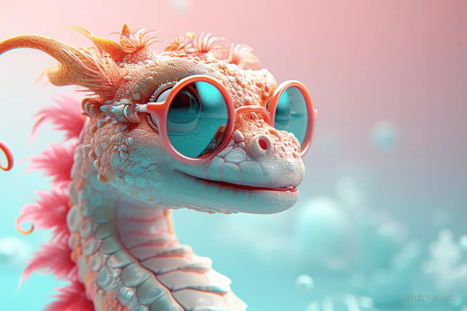 A pastel sea dragon portrait wearing large teal sunglasses against a dreamy underwater cloud background.