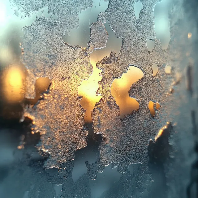 Frost crystals spreading across a glass pane as warm sunlight glows behind