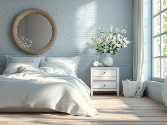 White bed and pillows sit beside a nightstand with flowers under sunlight, with a circular mirror on a pastel blue wall.