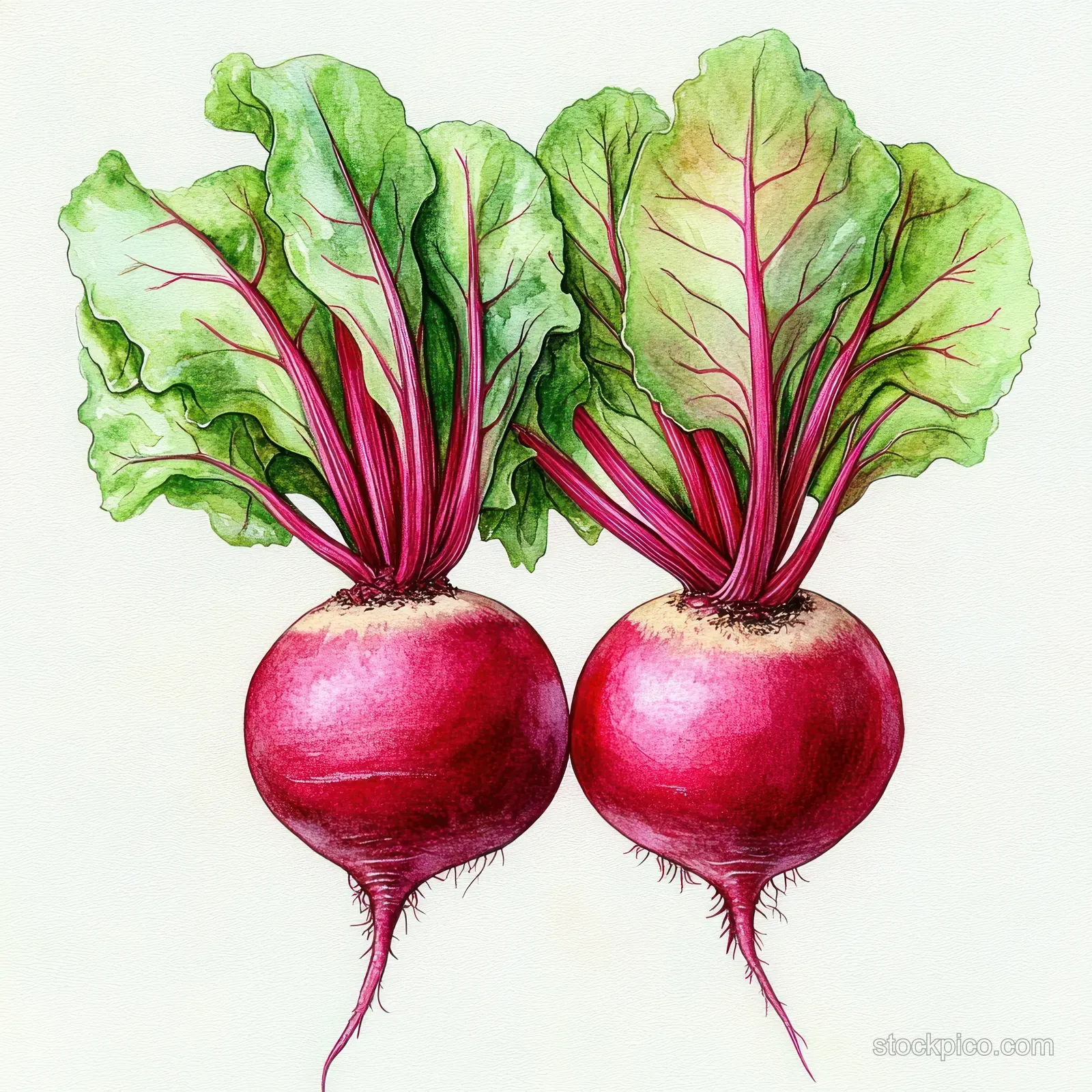 Two red beetroots with green leaves and purple stems illustrated on a plain light background.
