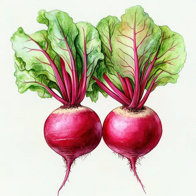 Two red beetroots with green leaves and purple stems illustrated on a plain light background.