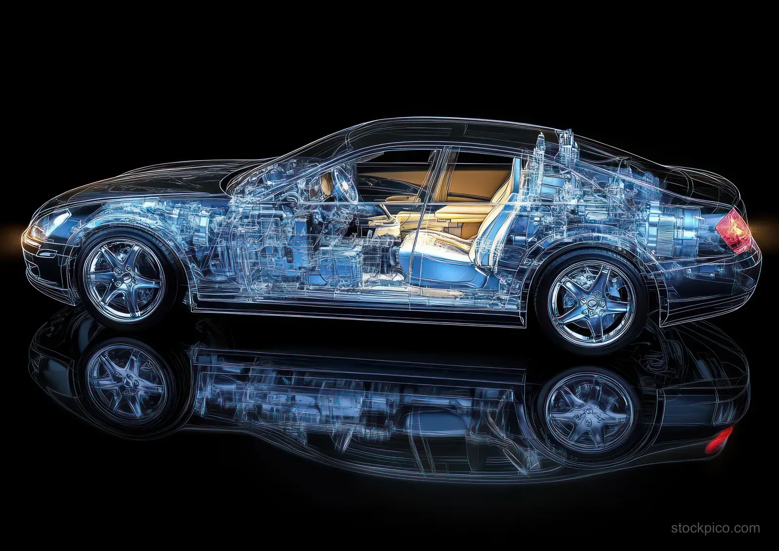 Translucent blue sedan cutaway on black background shows engine, suspension, steering, and wheels under dramatic lighting.