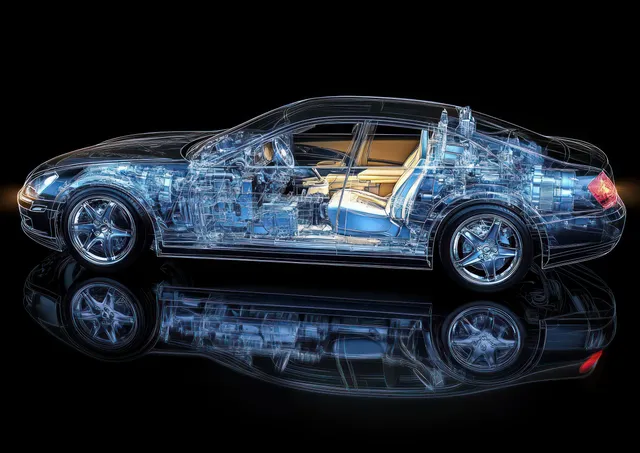 Translucent sedan cutaway showing engine, suspension, and steering under dramatic rim lighting