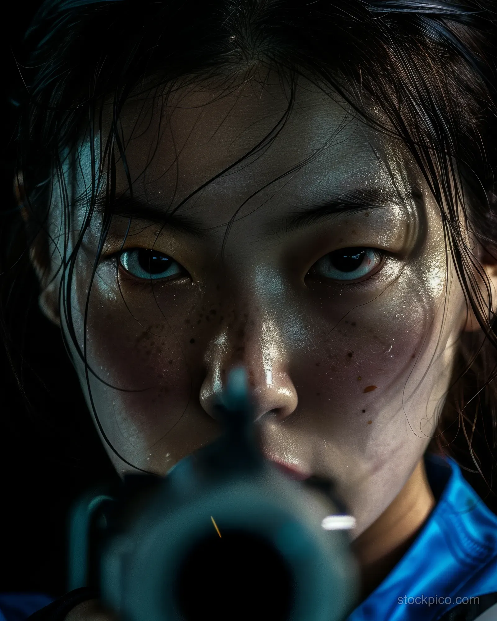 South Korean female air pistol shooter aims with a pistol sight in a dark arena, intense focused expression.