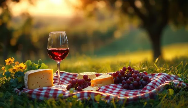 Glass of red wine on a red and white checkered picnic blanket with cheese, grapes, and flowers in golden hour light.