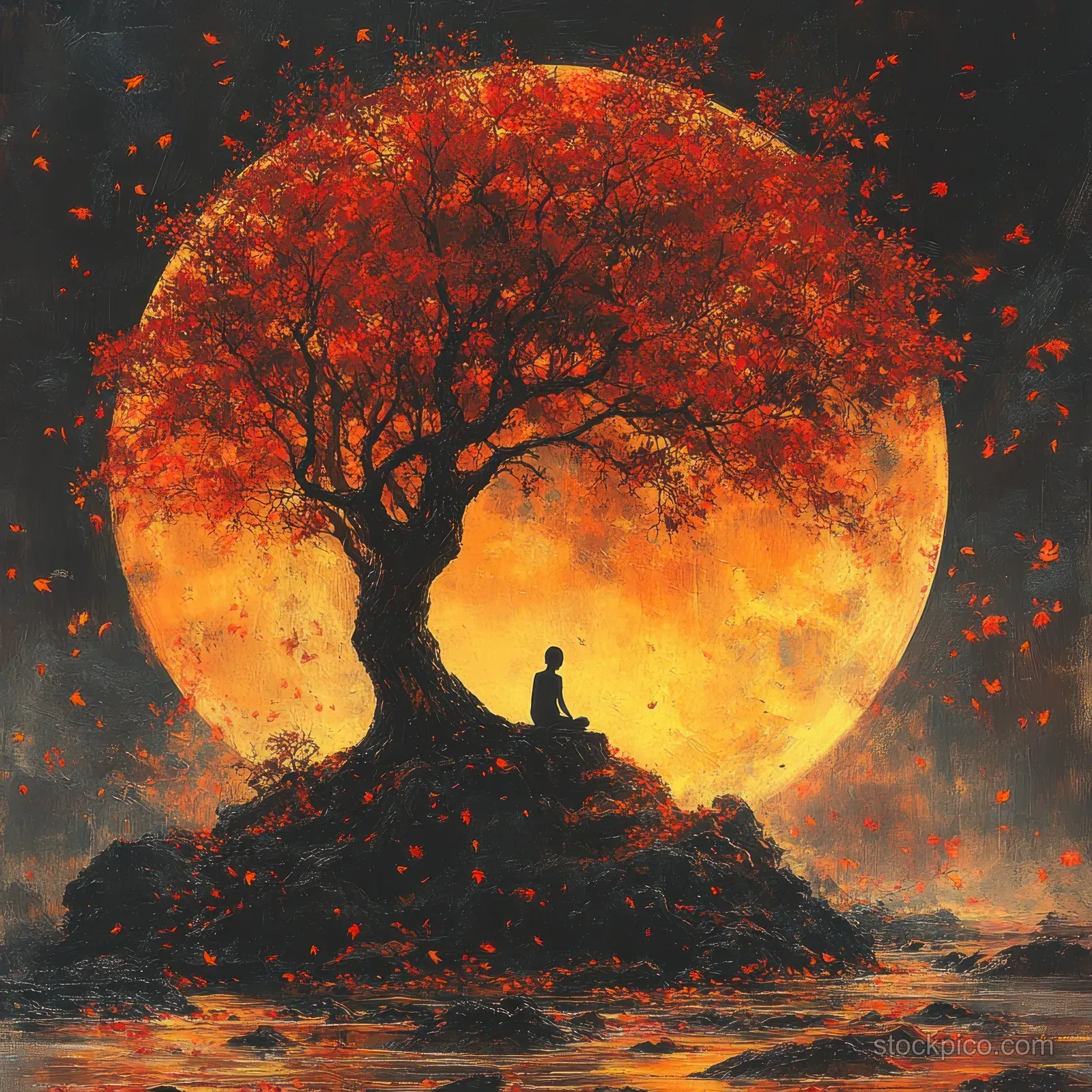 Silhouette meditator in lotus pose under a tree while orange leaves fall beside a glowing full moon.