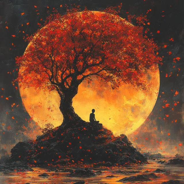 Silhouette meditator under grand tree, falling orange leaves around glowing full moon