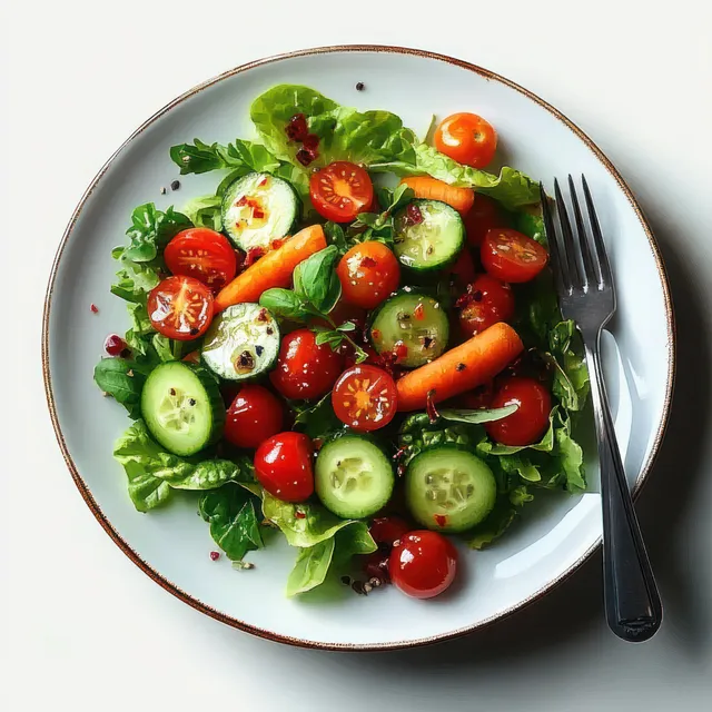 Fresh mixed vegetable salad on white plate with fork, cherry tomatoes, cucumbers, carrots