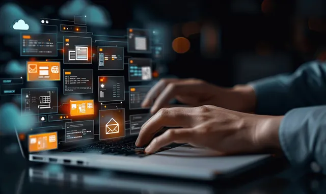 Hands hover over digital document icons on a glowing cloud interface