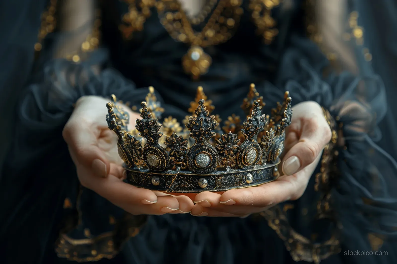 A woman’s hands cradle an ornate medieval gold crown against a dark black ceremonial dress.