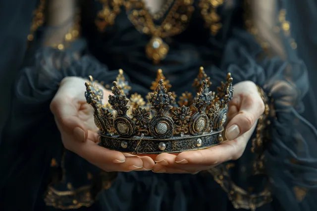 A woman’s hands cradle an ornate medieval gold crown against a dark black ceremonial dress.