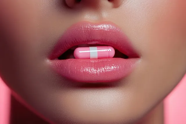 Glossy pink lips hold a pink-and-white capsule pill with visible skin texture on a soft pink background.