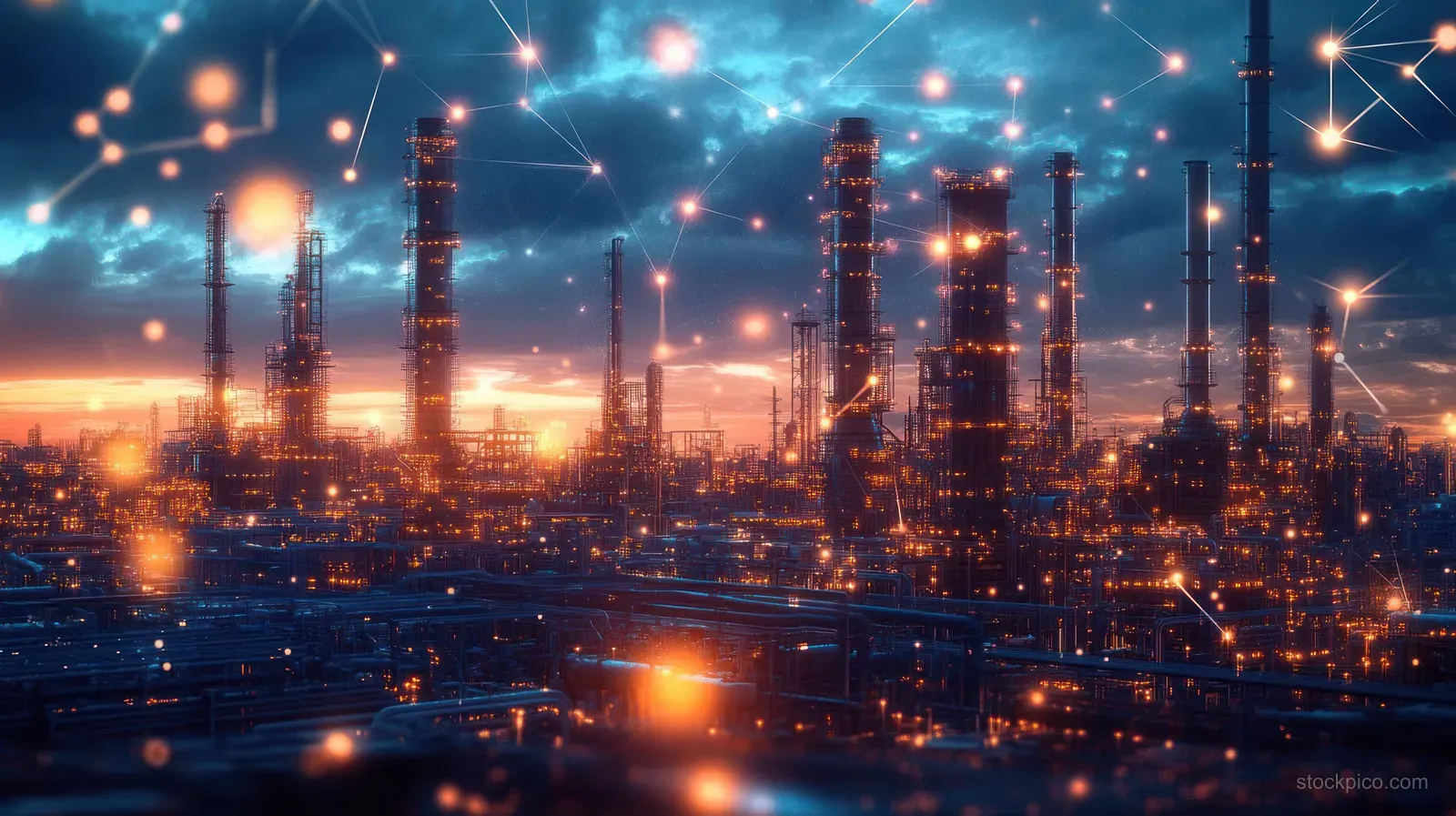 Oil refinery plant at dusk with glowing orange lights and digital network connections across a cloudy blue sky.