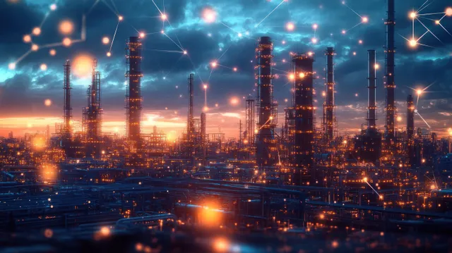Futuristic oil refinery at dusk, glowing orange lights and digital network lines over cloudy blue sky