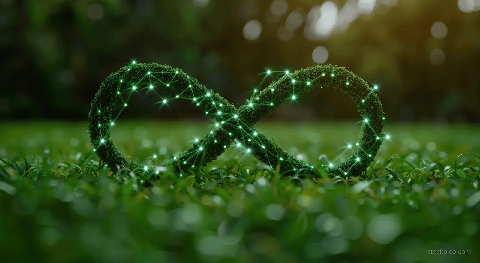 Glowing green infinity symbol made of connected nodes on grass with an out-of-focus nature background.
