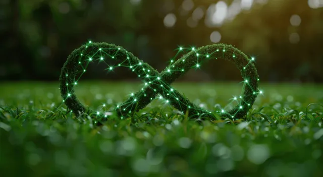 Infinity recycling loop of glowing green network icons on grass with earth backdrop
