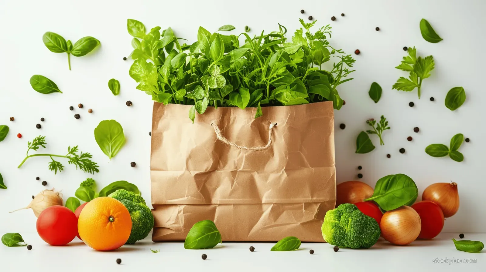 Overhead view of fresh vegetables and fruit scattered around a crumpled paper bag on a white background.