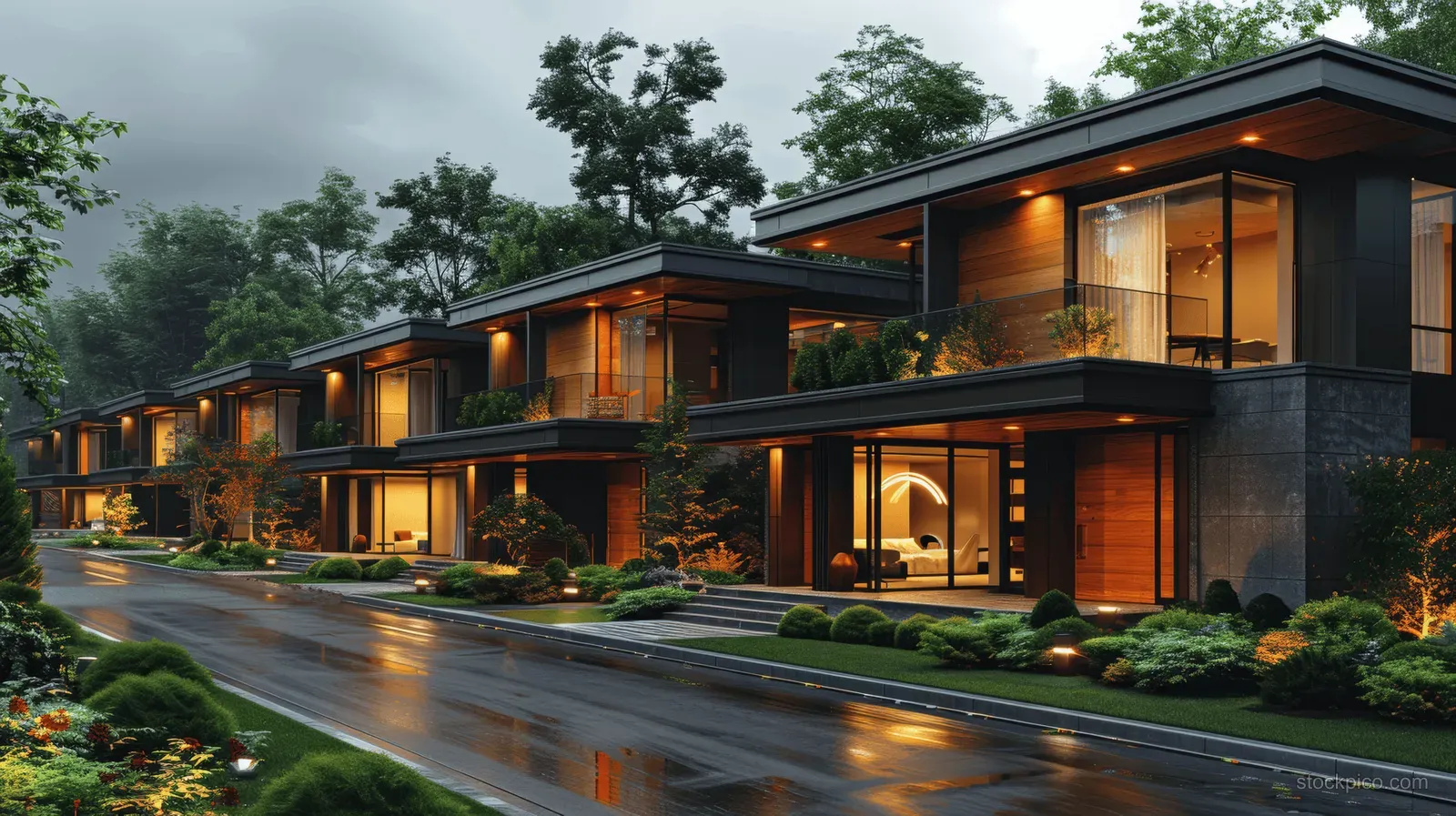 Modern black townhouses with wooden balconies glow warmly along a wet street at dusk.