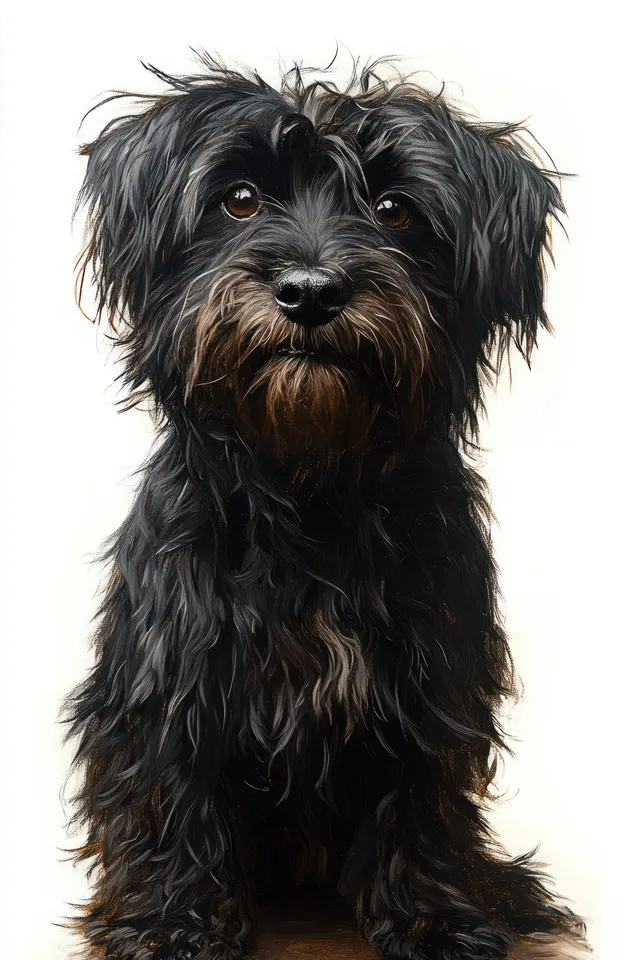 Small black shaggy dog with brown eyes sitting and looking attentively against a white background.