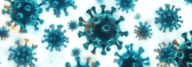 Glowing turquoise virus particles float across a soft blue background in a bio-organic art style.