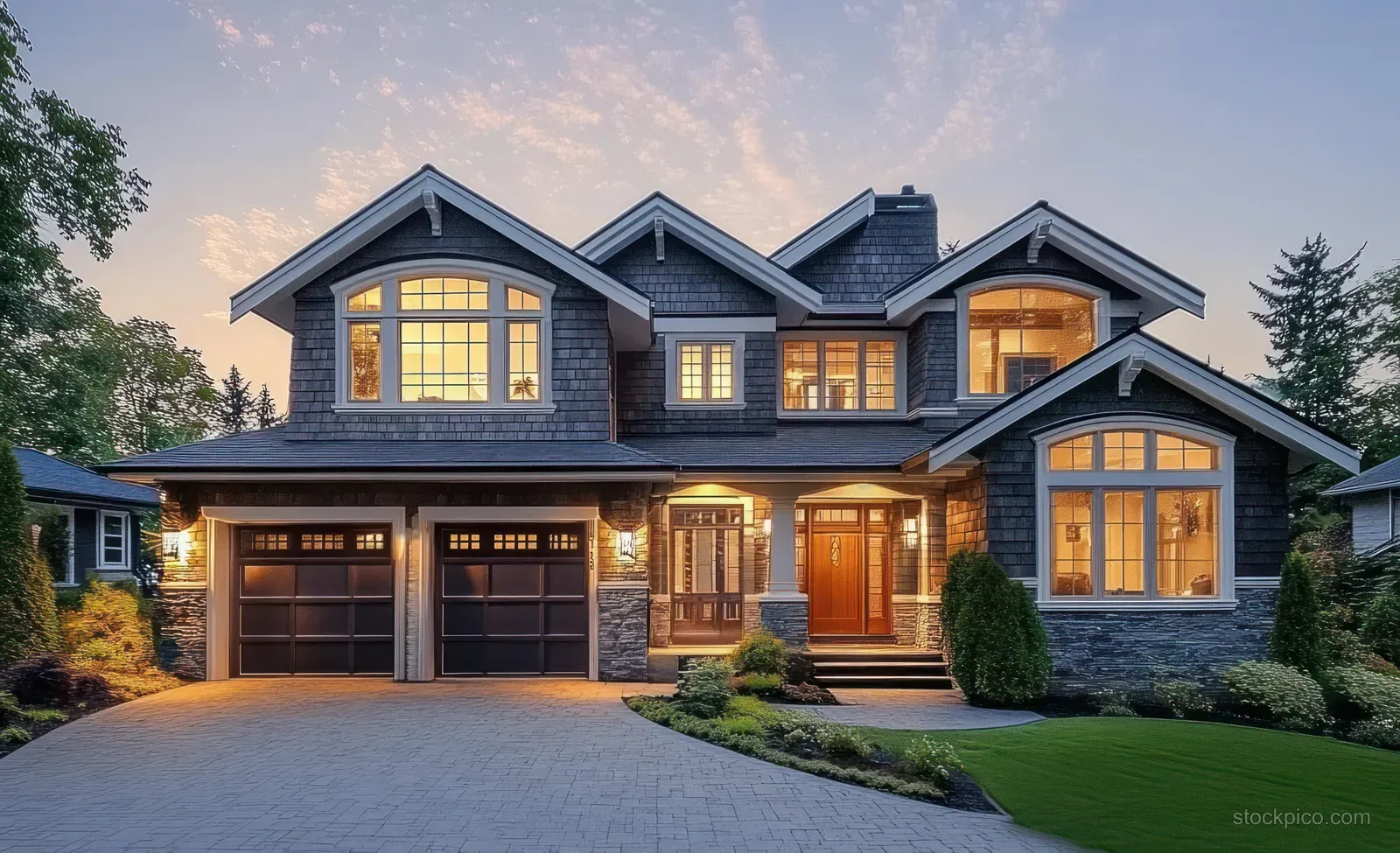 A modern house at twilight with warm window and porch lights beside a driveway and trimmed shrubs.