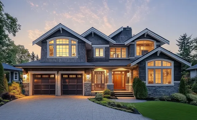 A modern house at twilight with warm window and porch lights beside a driveway and trimmed shrubs.