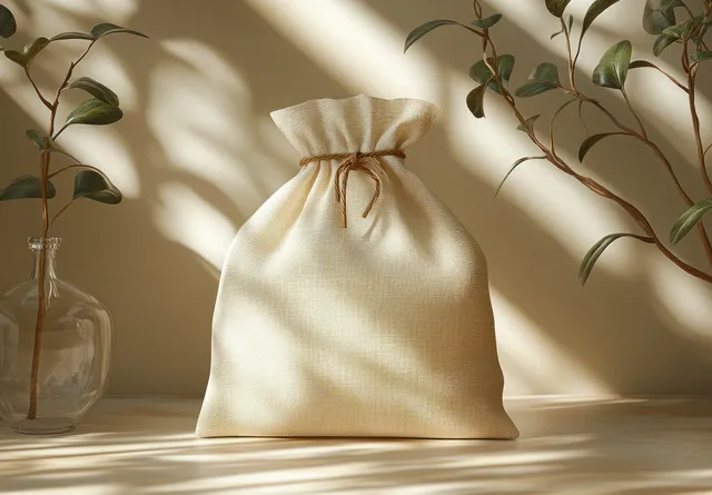 Cream drawstring fabric pouch on a shelf with soft leaf shadows, styled for minimal cosmetic storage.