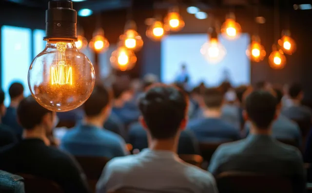An audience sits in a seminar hall watching a speaker while a glowing light bulb hangs in the foreground.